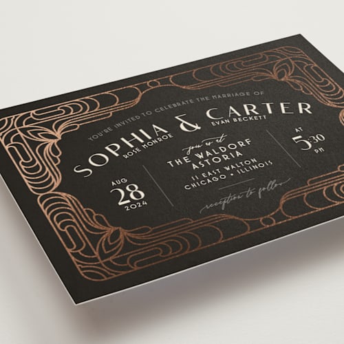This is a midnight foil stamped wedding invitations with foil pressed by GeekInk Design called geometric deco printing on signature in standard