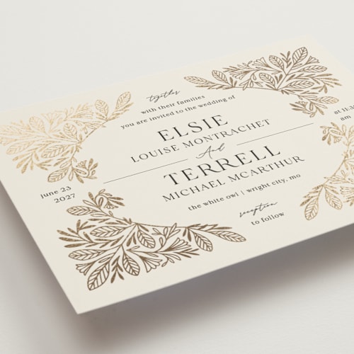 This is a cream foil stamped wedding invitations with foil pressed by Jen Owens called baroque printing on signature in standard