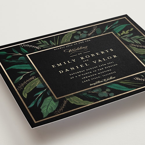 This is a midnight foil stamped wedding invitations with foil pressed by Susan Moyal called emerald leaves printing on signature in standard