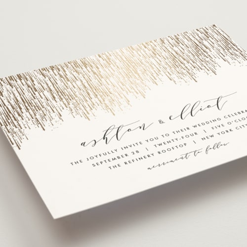 This is a golden foil stamped wedding invitations with foil pressed by Kristie Kern called sparkle + shine printing on signature in standard