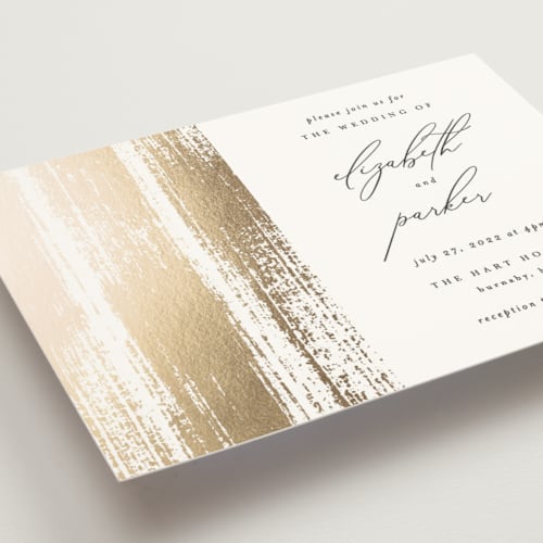 This is a classic white foil stamped wedding invitations with foil pressed by Kelly Schmidt called brushed accent printing on signature in standard