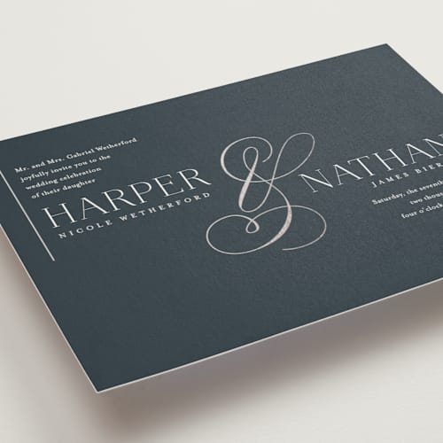 This is a navy foil stamped wedding invitations with foil pressed by Jessica Williams called fantasia printing on signature in standard