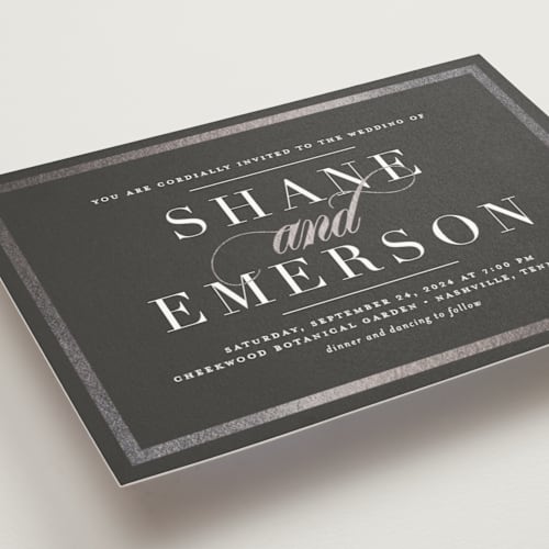 This is a slate foil stamped wedding invitations with foil pressed by Jessica Williams called bold classic printing on signature in standard