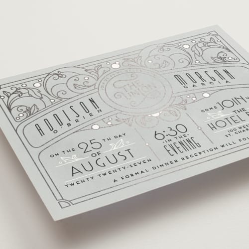 This is a slate foil stamped wedding invitations with foil pressed by GeekInk Design called ornate deco printing on signature in standard