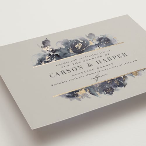 This is a midnight foil stamped wedding invitations with foil pressed by Lori Wemple called enchanted blooms printing on signature in standard