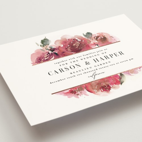 This is a rose foil stamped wedding invitations with foil pressed by Lori Wemple called enchanted blooms printing on signature in standard
