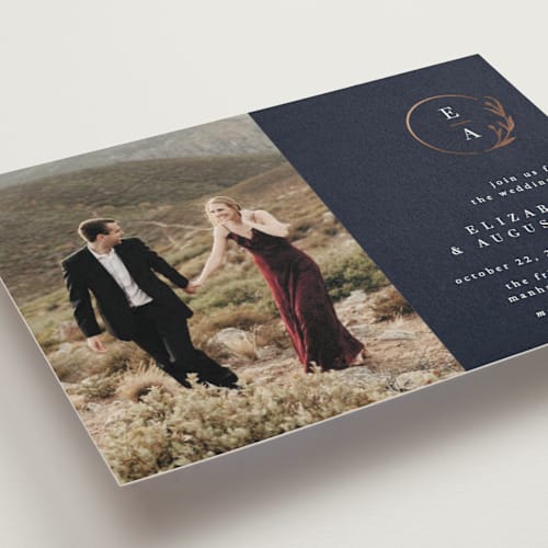 This is a royal foil stamped wedding invitations with foil pressed by Ana de Sousa called for eternity printing on signature in standard
