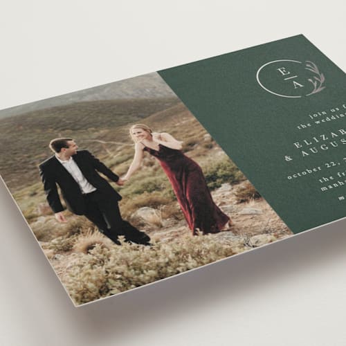 This is a olive foil stamped wedding invitations with foil pressed by Ana de Sousa called for eternity printing on signature in standard