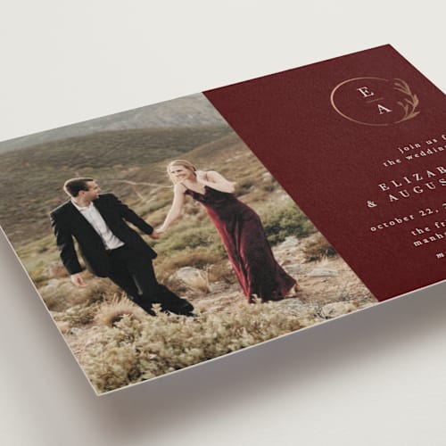 This is a ruby foil stamped wedding invitations with foil pressed by Ana de Sousa called for eternity printing on signature in standard