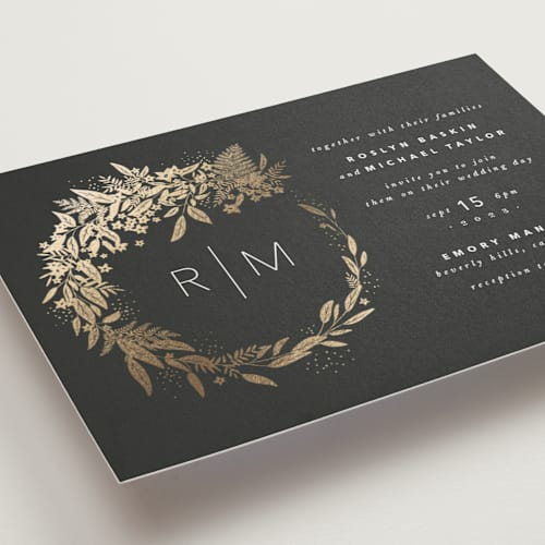 This is a ebony foil stamped wedding invitations with foil pressed by Leah Bisch called gather printing on signature in standard