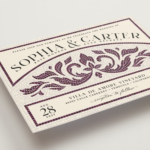 This is a plum wedding invitations with standard by GeekInk Design called floral mosaic printing on signature in standard