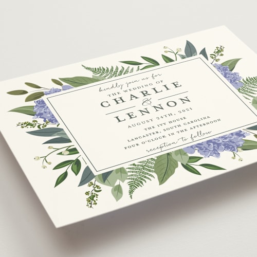 This is a periwinkle wedding invitations with standard by Susan Moyal called hydrangea frame printing on signature in standard