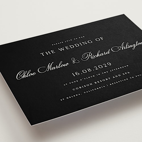This is a midnight wedding invitations with standard by Kelly Schmidt called landscape script printing on signature in standard