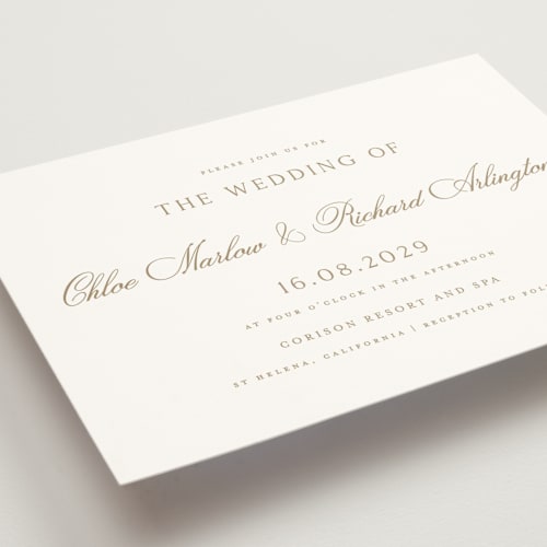 This is a golden wedding invitations with standard by Kelly Schmidt called landscape script printing on signature in standard