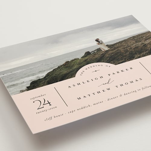 This is a blush wedding invitations with standard by Heather Schertzer called panoramic printing on signature in standard