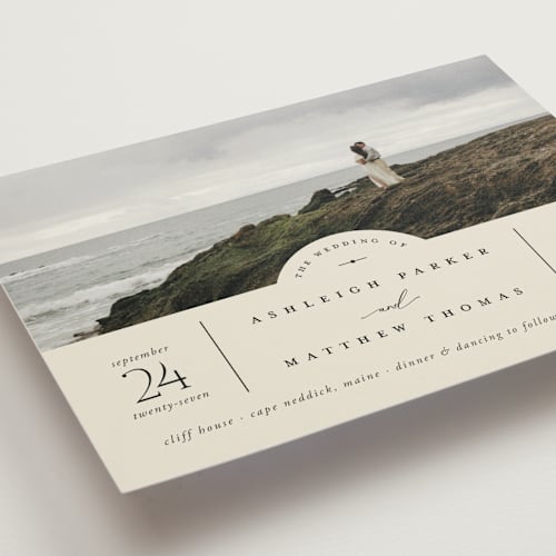 This is a champagne wedding invitations with standard by Heather Schertzer called panoramic printing on signature in standard