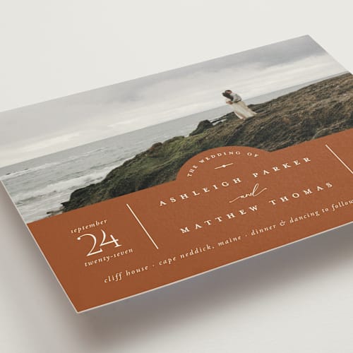 This is a terracotta wedding invitations with standard by Heather Schertzer called panoramic printing on signature in standard