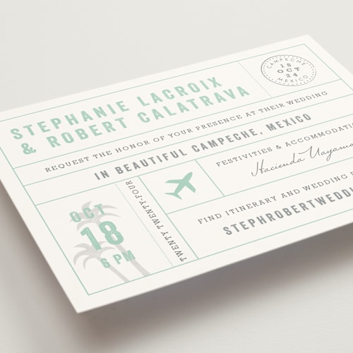This is a seafoam wedding invitations with standard by Sarah Curry called passport printing on signature in standard