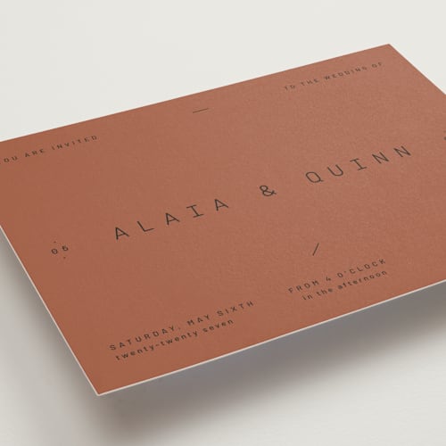 This is a terracotta wedding invitations with standard by Blustery August called alaia printing on signature in standard