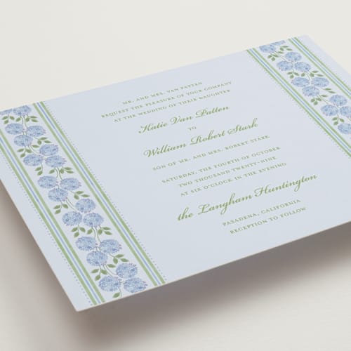 This is a coastal wedding invitations with standard by Madhvi Samimi called hydrangea vines printing on signature in standard