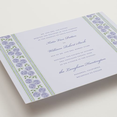 This is a lavender wedding invitations with standard by Madhvi Samimi called hydrangea vines printing on signature in standard