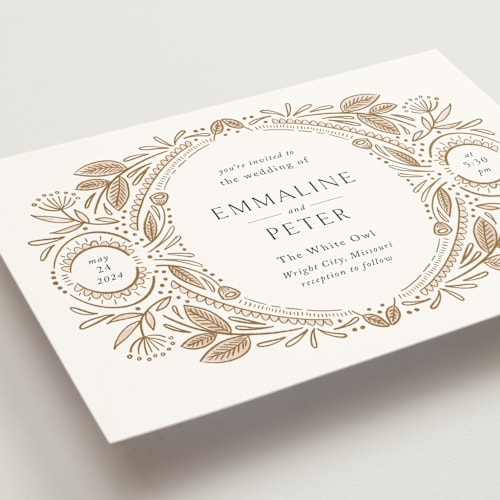 This is a honey wedding invitations with standard by Jen Owens called charmed printing on signature in standard