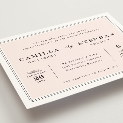 This is a blush wedding invitations with standard by Maddy Hague called simply framed printing on signature in standard