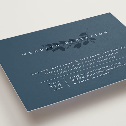 This is a indigo wedding invitations with standard by Amy Kross called falling branch printing on signature in standard