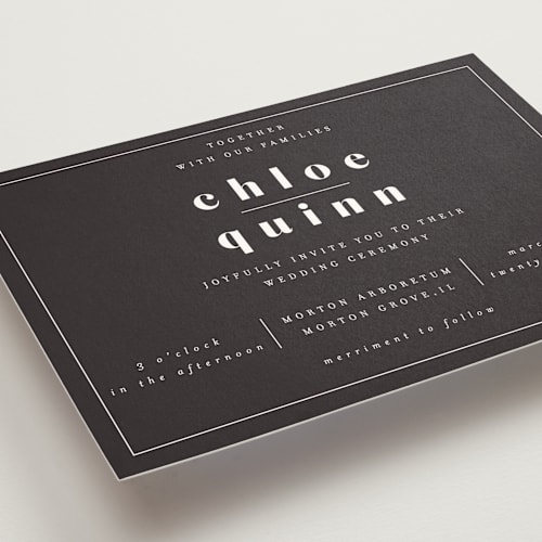 This is a charcoal wedding invitations with standard by Nazia Hyder called epithet printing on signature in standard
