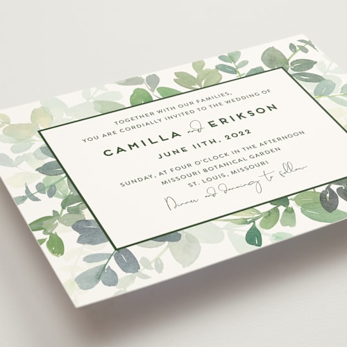 This is a garden wedding invitations with standard by Yao Cheng Design called soft eucalyptus printing on signature in standard