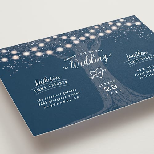 This is a navy wedding invitations with standard by Hooray Creative called garden lights printing on signature in standard