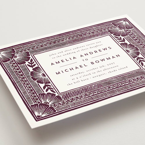 This is a wine wedding invitations with standard by Katharine Watson called block print frame printing on signature in standard