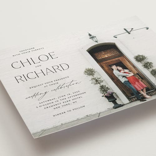 This is a noir wedding invitations with standard by Eric Clegg called boutique printing on signature in standard