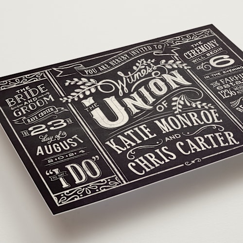 This is a chalkboard wedding invitations with standard by GeekInk Design called slated forever printing on signature in standard