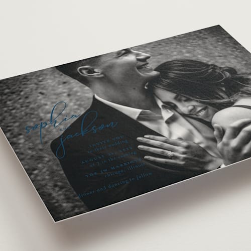 This is a navy wedding invitations with standard by Laura Hamm called kindly join us printing on signature in standard