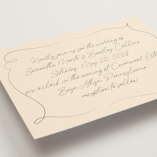 This is a champagne wedding invitations with standard by Wallace Design Co. called french whimsy script printing on signature in standard