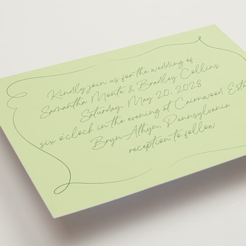This is a fern wedding invitations with standard by Wallace Design Co. called french whimsy script printing on signature in standard