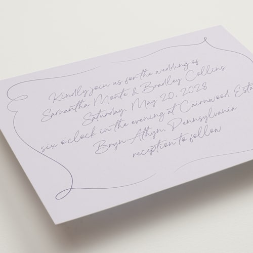This is a wisteria wedding invitations with standard by Wallace Design Co. called french whimsy script printing on signature in standard
