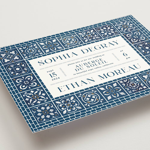 This is a ocean wedding invitations with standard by GeekInk Design called mediterranean tiles printing on signature in standard