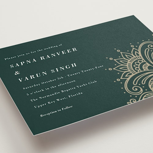 This is a cardamom wedding invitations with standard by Oma N. Ramkhelawan called engraved paisley printing on signature in standard