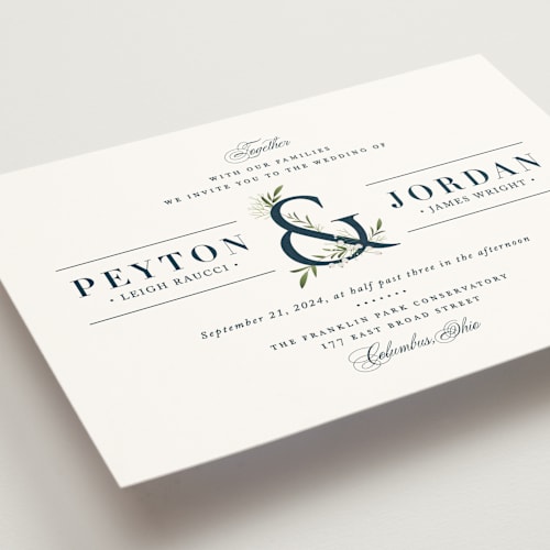 This is a navy wedding invitations with standard by Jennifer Postorino called adorned ampersand printing on signature in standard