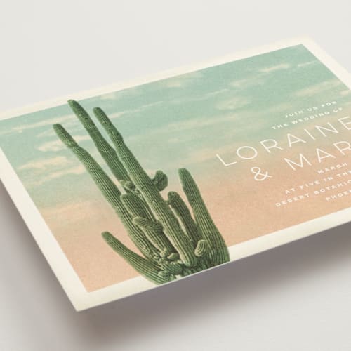 This is a sunset wedding invitations with standard by Pink House Press called postcard from the desert printing on signature in standard