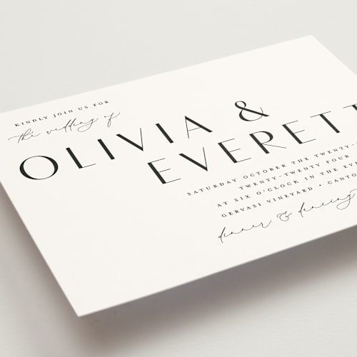 This is a onyx wedding invitations with standard by Emily Betts called modern classic names printing on signature in standard