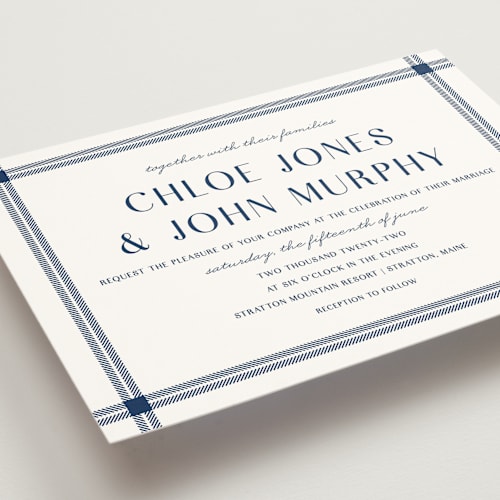 This is a navy wedding invitations with standard by Kerry Doyle called window pane check printing on signature in standard