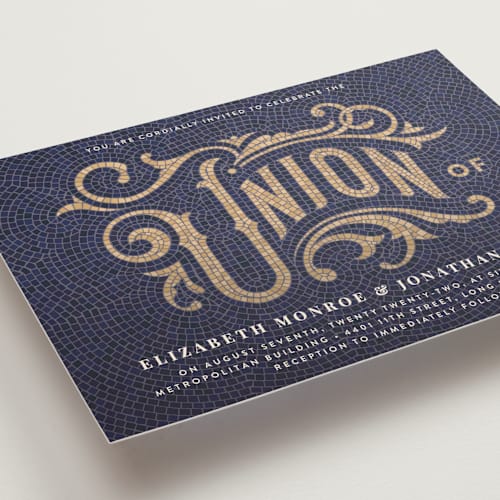 This is a navy wedding invitations with standard by GeekInk Design called mosaic printing on signature in standard