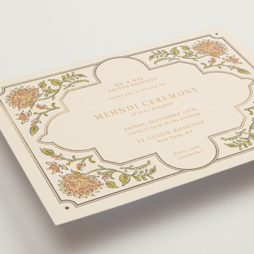 This is a ochre foil stamped wedding invitations with foil pressed by Hannah Bowman called marigold printing on signature in standard