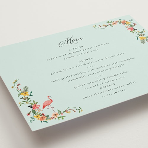 This is a papaya menu cards with standard by Susan Moyal called tropical crest printing on signature in 5x7