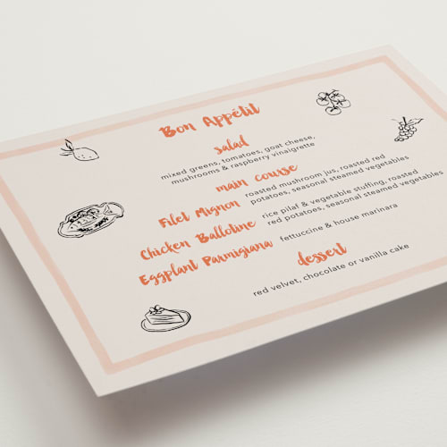 This is a peach menu cards with standard by Elly called dinner sketch printing on signature in standard