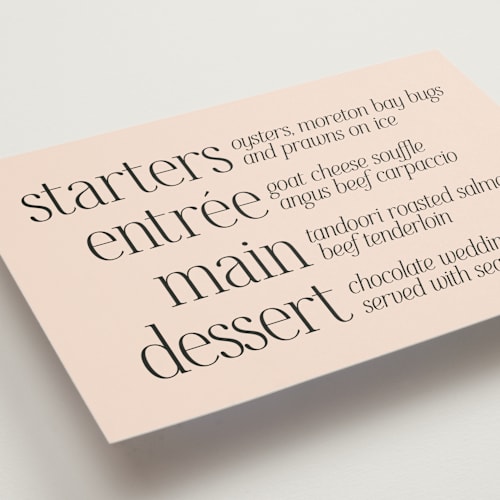 This is a champagne menu cards with standard by Hudson meet Rose called noho printing on signature in standard