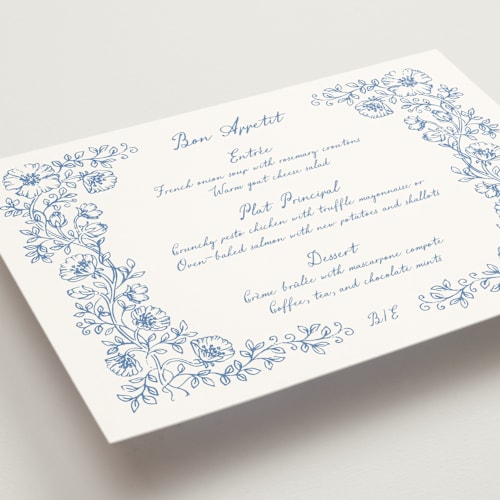 This is a periwinkle menu cards with standard by Anna Black called wild rose printing on signature in standard